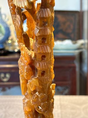 A Chinese buffalo horn carving of a landscape with a pagoda on wooden stand, Qing — photo 19