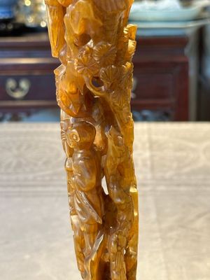A Chinese buffalo horn carving of a landscape with a pagoda on wooden stand, Qing — photo 20