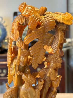 A Chinese buffalo horn carving of a landscape with a pagoda on wooden stand, Qing — photo 2