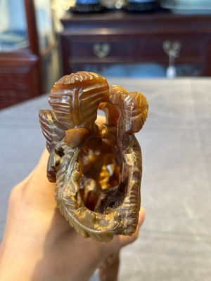A Chinese buffalo horn carving of a landscape with a pagoda on wooden stand, Qing — photo 22