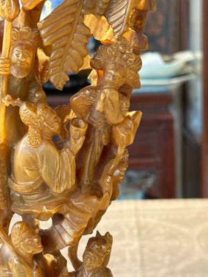 A Chinese buffalo horn carving of a landscape with a pagoda on wooden stand, Qing — photo 3