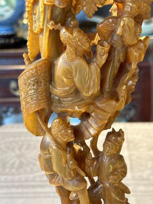 A Chinese buffalo horn carving of a landscape with a pagoda on wooden stand, Qing — photo 4