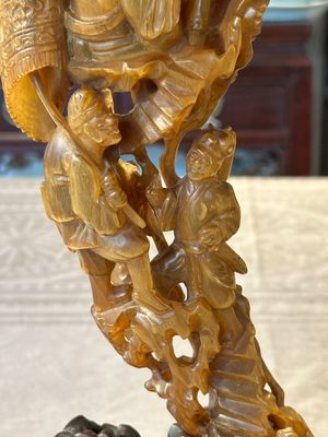 A Chinese buffalo horn carving of a landscape with a pagoda on wooden stand, Qing — photo 5
