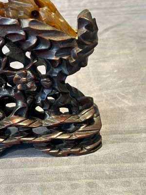 A Chinese buffalo horn carving of a landscape with a pagoda on wooden stand, Qing — photo 8