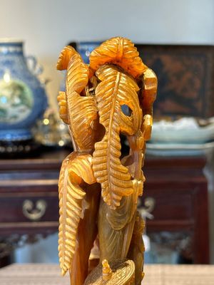A Chinese buffalo horn carving of a landscape with a pagoda on wooden stand, Qing — photo 9