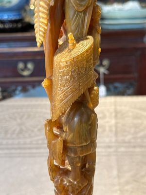 A Chinese buffalo horn carving of a landscape with a pagoda on wooden stand, Qing — photo 10