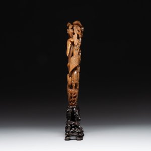 A Chinese buffalo horn carving of a landscape with a pagoda on wooden stand, Qing — photo 2