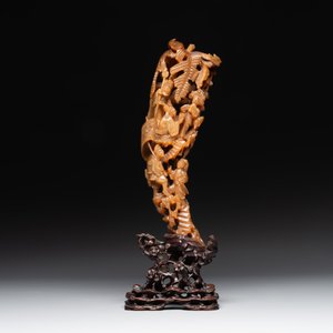 A Chinese buffalo horn carving of a landscape with a pagoda on wooden stand, Qing — photo 3