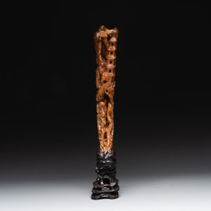 A Chinese buffalo horn carving of a landscape with a pagoda on wooden stand, Qing — photo 4
