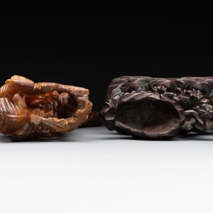A Chinese buffalo horn carving of a landscape with a pagoda on wooden stand, Qing — photo 6