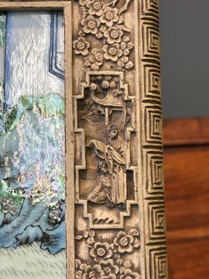 A Chinese Canton carved wooden casket with a famille rose plaque, Republic — photo 11