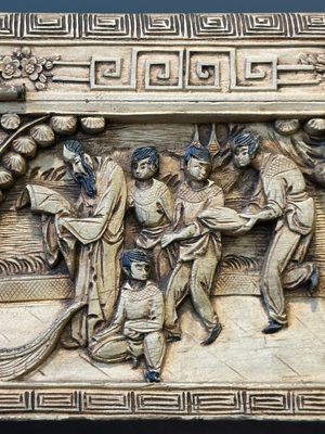 A Chinese Canton carved wooden casket with a famille rose plaque, Republic — photo 14