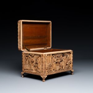 A Chinese Canton carved wooden casket with a famille rose plaque, Republic — photo 2