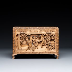 A Chinese Canton carved wooden casket with a famille rose plaque, Republic — photo 5
