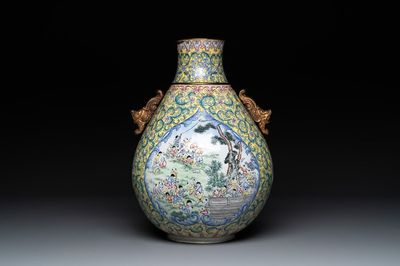 A Chinese Canton enamel '100 boys' 'hu' vase, 20th C.