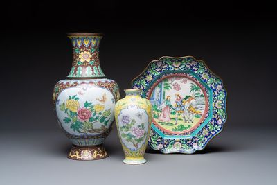 A Chinese Canton enamel 'European Subject' dish and two vases, 20th C.