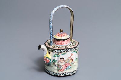 A Chinese Canton enamel ‘European subject’ teapot and cover, Qianlong
