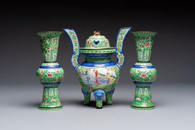 A Chinese Canton enamel green-ground three-piece altar set, 19th C.