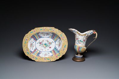A Chinese Canton enamel helm-shaped ewer with shell-shaped basin, Qianlong