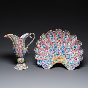A Chinese Canton enamel helm-shaped ewer with shell-shaped basin, Yongzheng/Qianlong — photo 1