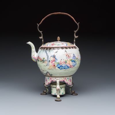 A Chinese Canton enamel kettle and stand with figural design, Qianlong