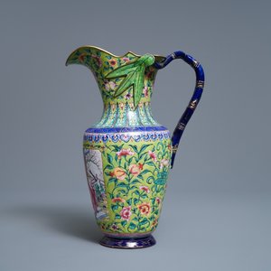 A Chinese Canton enamel lime green-ground ewer and basin, four-character mark, Qianlong/Jiaqing — 照片 4