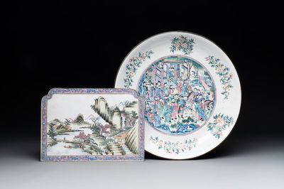 A Chinese Canton enamel plaque and large dish, Qianlong mark, 19th C.