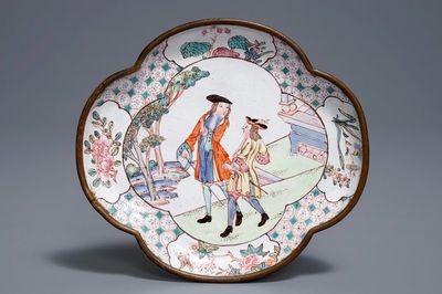 A Chinese Canton enamel quatrefoil 'Europeans' dish, Qianlong