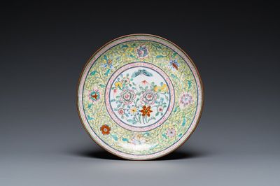 A Chinese Canton enamel 'sanduo' plate, Qianlong