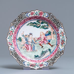 A Chinese Canton enamel semi-erotic 'Europeans' plate, Qianlong — photo 1