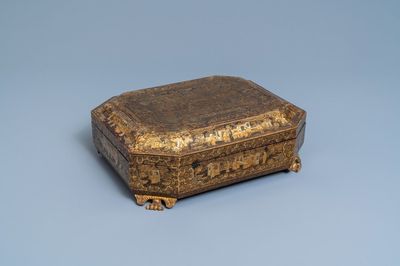 A Chinese Canton export gilt and lacquer gaming box with mother-of-pearl accessories, 19th C.