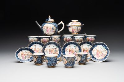 A Chinese Canton famille rose 18-piece 'mandarin subject' tea service, Qianlong