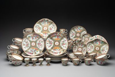 A Chinese Canton famille rose 62-piece Scottish market Ormiston armorial tea service, 19th C.