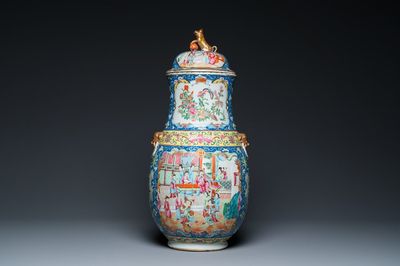 A Chinese Canton famille rose blue-ground vase and cover, 19th C.
