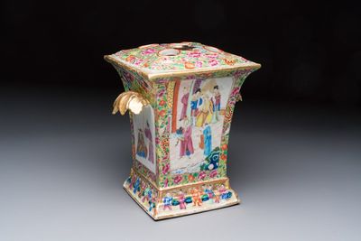 A Chinese Canton famille rose bough pot with narrative design, 19th C.