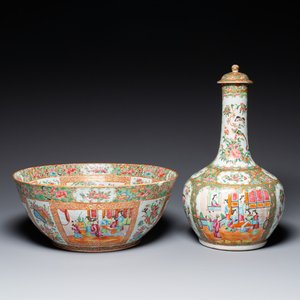 A Chinese Canton famille rose bowl and a covered bottle vase, 19th C. — photo 1