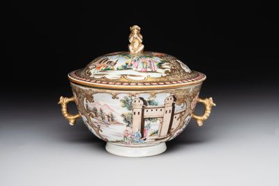 A Chinese Canton famille rose bowl and cover with figures in a landscape, Qianlong