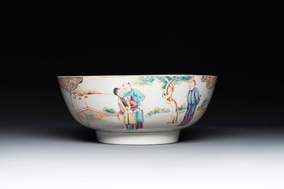 A Chinese Canton famille rose bowl with figures in a garden, Qianlong