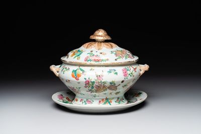 A Chinese Canton famille rose covered tureen on stand with flowers, fruits and insects, 19th C.