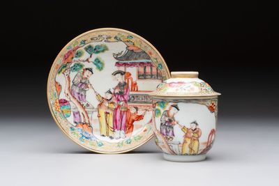 A Chinese Canton famille rose gilt-decorated covered cup and saucer, Qianlong