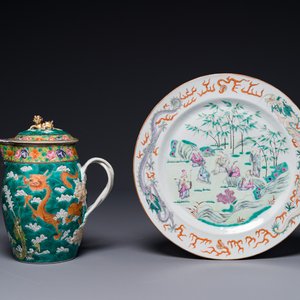 A Chinese Canton famille rose green-ground 'dragon' jug and a 'Seven Sages of the Bamboo Grove' plate, 19th C. — 照片 1