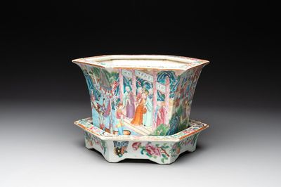 A Chinese Canton famille rose hexagonal jardinière and stand with narrative design, 19th C.