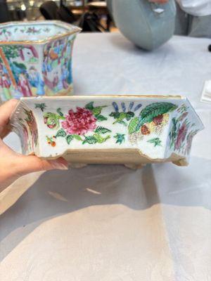 A Chinese Canton famille rose hexagonal planter and stand with narrative design — photo 12