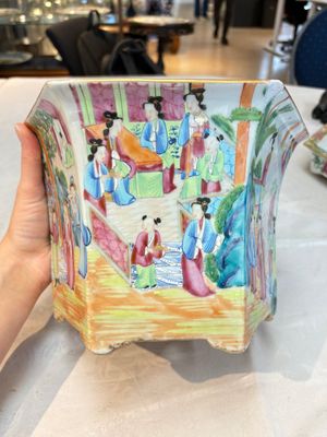 A Chinese Canton famille rose hexagonal planter and stand with narrative design — photo 3