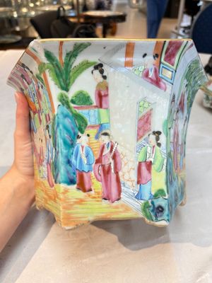A Chinese Canton famille rose hexagonal planter and stand with narrative design — photo 4