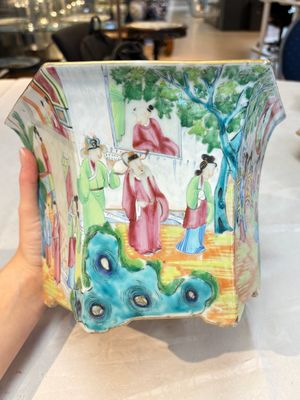 A Chinese Canton famille rose hexagonal planter and stand with narrative design — photo 5