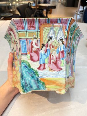 A Chinese Canton famille rose hexagonal planter and stand with narrative design — photo 7