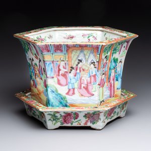 A Chinese Canton famille rose hexagonal planter and stand with narrative design — photo 1