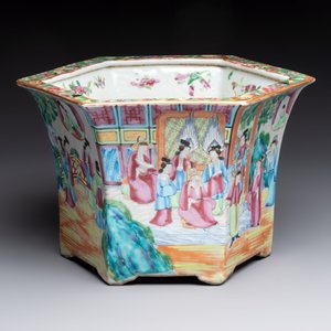 A Chinese Canton famille rose hexagonal planter and stand with narrative design — photo 2