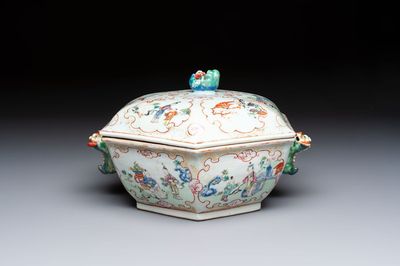 A Chinese Canton famille rose hexagonal tureen and cover, Qianlong